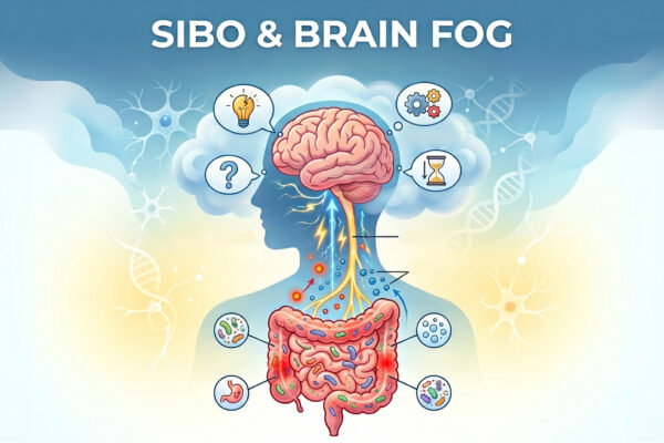 Eixo intestino-cérebro: diagrama de um intestino com SIBO e inflamação enviando sinais que causam confusão mental e brain fog.