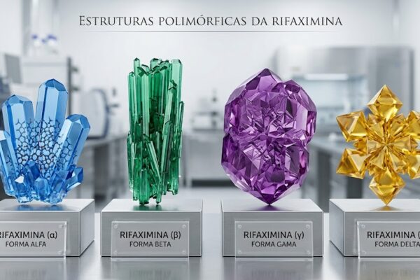 Rifaximina de Marca vs Genérica no Tratamento do SIBO em Sobre SIBO Modelos cristalinos 3D das formas polimórficas da Rifaximina, ilustrando diferenças estruturais entre Rifaximina de Marca vs Genérica.