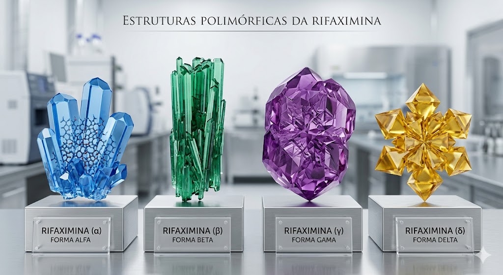 Rifaximina de Marca vs Genérica no Tratamento do SIBO em Tratamentos Modelos cristalinos 3D das formas polimórficas da Rifaximina, ilustrando diferenças estruturais entre Rifaximina de Marca vs Genérica.