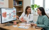 SIBO e Doenças Atópicas: A Nova Fronteira da Saúde Intestinal em Receitas Uma médica explica a uma paciente o infográfico sobre a conexão entre SIBO e doenças atópicas, como eczema e asma.