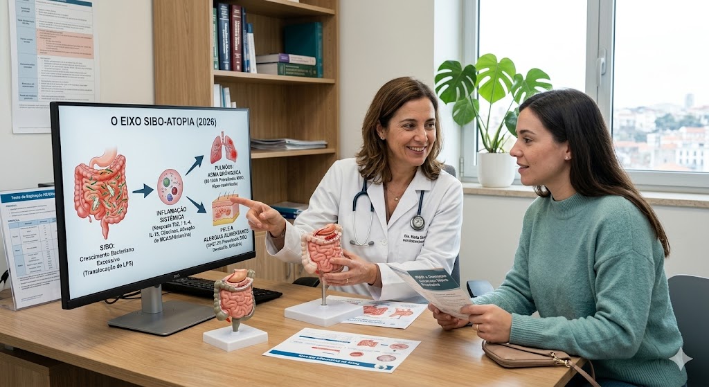 SIBO e Doenças Atópicas: A Nova Fronteira da Saúde Intestinal em Notícias Uma médica explica a uma paciente o infográfico sobre a conexão entre SIBO e doenças atópicas, como eczema e asma.