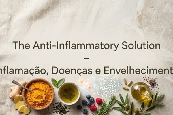 The Anti-Inflammatory Solution – Inflamação, Doenças e Envelhecimento em Biblioteca Capa para o tema "The Anti-Inflammatory Solution – Inflamação, Doenças e Envelhecimento", ilustrada com alimentos e suplementos anti-inflamatórios dispostos numa composição "flat lay".
