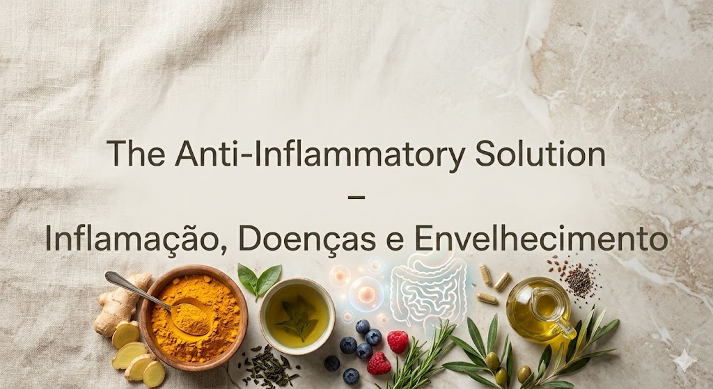 The Anti-Inflammatory Solution – Inflamação, Doenças e Envelhecimento em Documentários Capa para o tema "The Anti-Inflammatory Solution – Inflamação, Doenças e Envelhecimento", ilustrada com alimentos e suplementos anti-inflamatórios dispostos numa composição "flat lay".