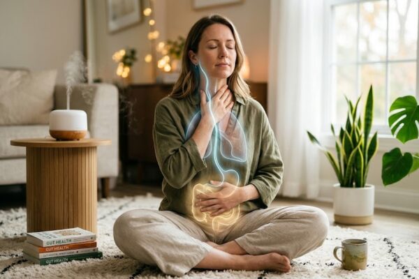 Tratamento Natural para SIBO: Como a Estimulação do Nervo Vago Ativa a Digestão em Notícias O nervo vago iluminado a descer pelo pescoço de uma mulher a meditar, como parte de um tratamento natural para SIBO.