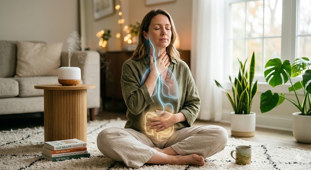 Tratamento Natural para SIBO: Como a Estimulação do Nervo Vago Ativa a Digestão em Tratamentos O nervo vago iluminado a descer pelo pescoço de uma mulher a meditar, como parte de um tratamento natural para SIBO.