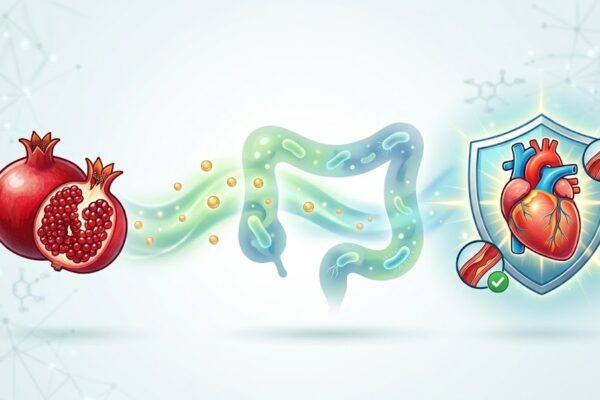 Urolitina A, Microbioma e SIBO: O Que a Romã Pode Revelar Sobre a Sua Saúde Intestinal e Cardíaca em Notícias Diagrama ilustrando como as romãs promovem a saúde intestinal e, por consequência, protegem o coração e as artérias.