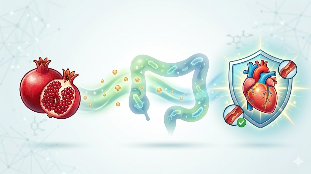 Urolitina A, Microbioma e SIBO: O Que a Romã Pode Revelar Sobre a Sua Saúde Intestinal e Cardíaca em Notícias Diagrama ilustrando como as romãs promovem a saúde intestinal e, por consequência, protegem o coração e as artérias.