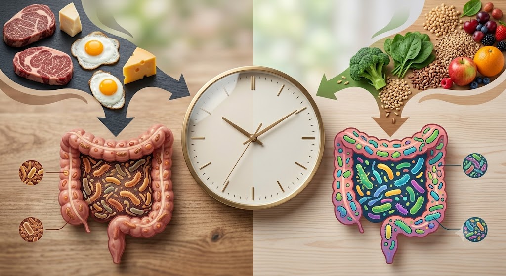Como a Dieta Altera a Microbiota em 24 Horas em Notícias Infográfico comparando dietas animal e vegetal e seus efeitos no microbioma intestinal. Mostra alimentos, intestinos e bactérias ampliadas, com um relógio central.