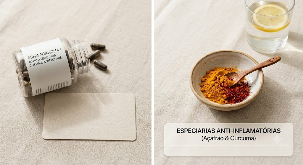Nervo Vago e Inflamação: O Nervo Que Não Deixa o Corpo Curar em Biblioteca Cápsulas de Ashwagandha (cortisol/vitalidade), curcuma e açafrão em pó (anti-inflamatórios), e água com limão.