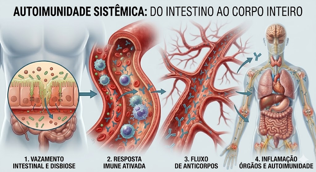 The Anti-Inflammatory Solution – O Mecanismo entre SIBO e Autoimunidade em Documentários Infográfico: como o vazamento intestinal ativa anticorpos no sangue que causam inflamação e autoimunidade nos órgãos.