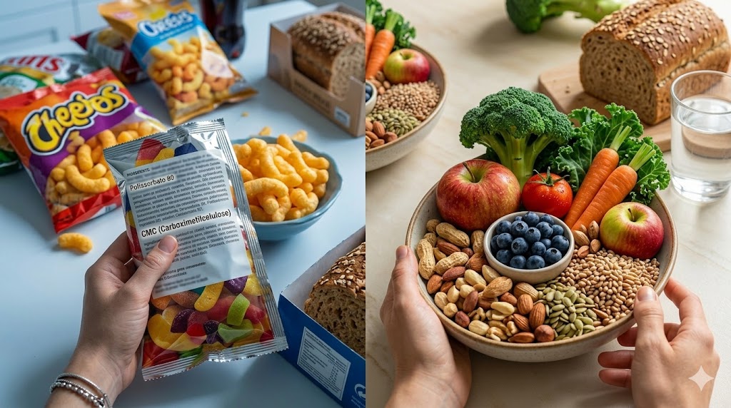 O Que os Aditivos Alimentares Fazem ao Seu Intestino em Notícias Mão a segurar rótulo com polissorbato 80 e uma tigela de alimentos naturais frescos.