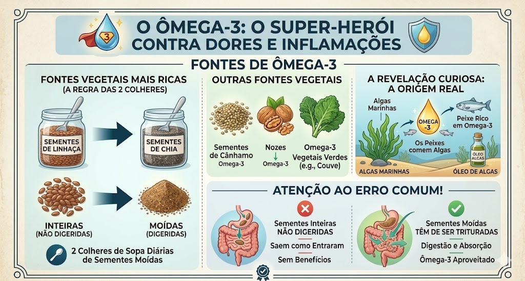 SIBO e Inflamação: Como Os Alimentos Anti-Inflamatórios Ajudam em Tratamentos Infográfico detalhado sobre Omega-3, abordando suas fontes vegetais e marinhas, e a importância de moer as sementes para a digestão.