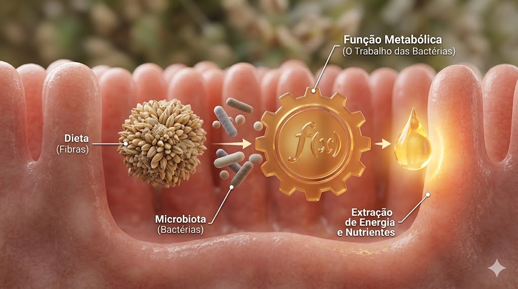 O Segredo da Microbiota Intestinal: Por Que Razão a Função Importa Mais do Que a Identidade Das Bactérias em Notícias Infográfico 3D de vilosidades intestinais com microbiota transformando fibras dietéticas em energia e nutrientes através da função metabólica.