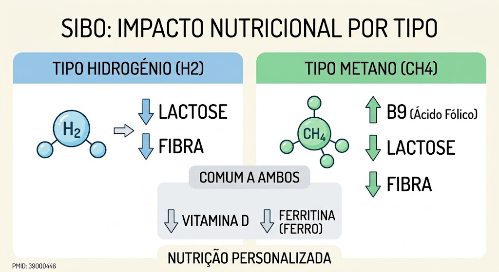 Sabia que o Tipo de SIBO Determina as Suas Deficiências Nutricionais? em Notícias Infográfico sibo deficiências nutricionais: tipo H2 vs CH4 (aumenta B9). Ambos baixam Vitamina D, Ferritina e lactose.