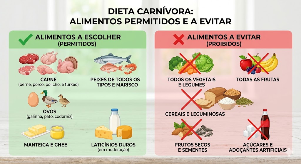 Dieta Carnívora: Alívio Temporário ou Solução? em Tratamentos Infográfico da Dieta Carnívora comparando alimentos permitidos (carnes, ovos) e proibidos (vegetais, frutas, grãos).
