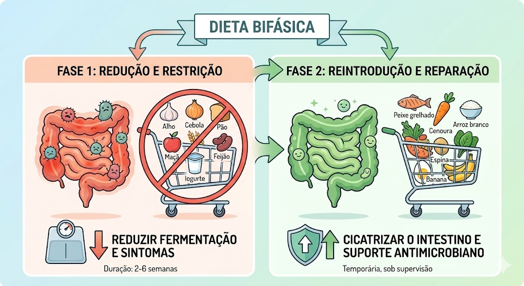 Dietas para SIBO: O Que Comer e Evitar em Tratamentos Infográfico da Dieta Bifásica com duas fases: Fase 1 para redução e restrição alimentar e Fase 2 para reintrodução e reparação intestinal.
