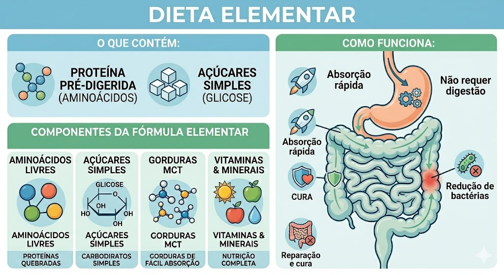 Dietas para SIBO: O Que Comer e Evitar em Tratamentos Infográfico sobre Dieta Elementar: nutrientes pré-digeridos, absorção rápida e cura no trato gastrointestinal.