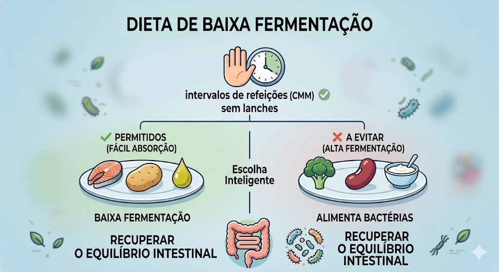 Dietas para SIBO: O Que Comer e Evitar em Tratamentos Infográfico médico sobre Dieta de Baixa Fermentação, comparando alimentos de fácil absorção e alimentos que alimentam bactérias para saúde intestinal.