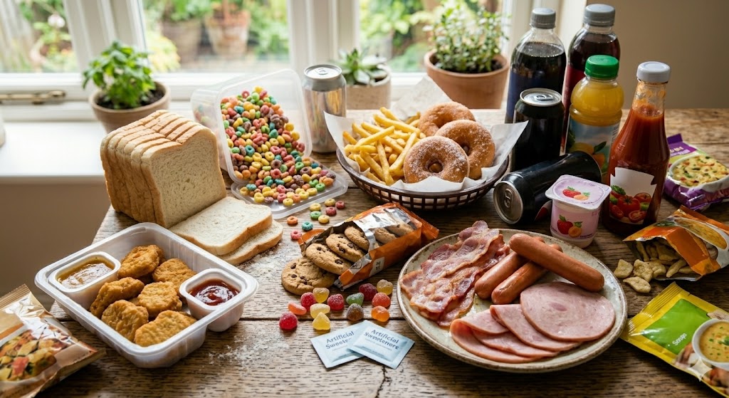 Dieta Anti-inflamatória: O Que É, Benefícios e O Que Comer em Tratamentos Alimentos proibidos na dieta anti-inflamatória: Banquete de junk food e processados com donuts, carnes e adoçante artificial.