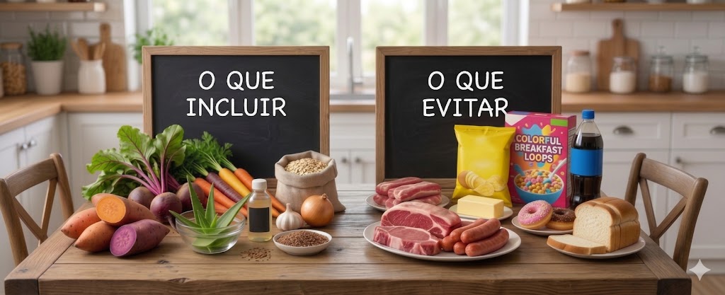 The Anti-Inflammatory Solution – SIBO e Intestino Permeável: Como o Microbioma Controla a Inflamação em Documentários Imagem comparando "O QUE INCLUIR" (alimentos saudáveis) e "O QUE EVITAR" (alimentos processados) para saúde intestinal.