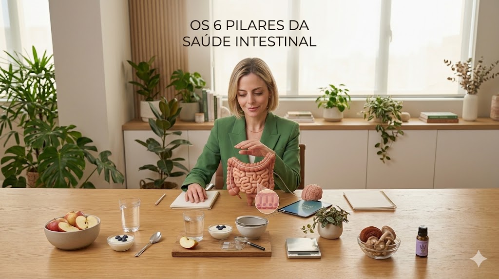 O Novo Estudo da Nature Sobre Saúde Intestinal: O Que Muda? em Notícias Nutricionista analisa modelos de intestino e cérebro cercada por objetos de saúde, para "Os 6 Pilares da Saúde Intestinal".