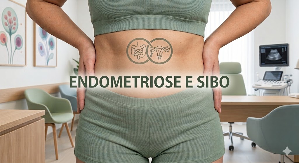 A Relação entre Endometriose e SIBO em Notícias Infografia sobre a relação entre endometriose e SIBO, ilustrando a conexão clínica entre a saúde intestinal e ginecológica.