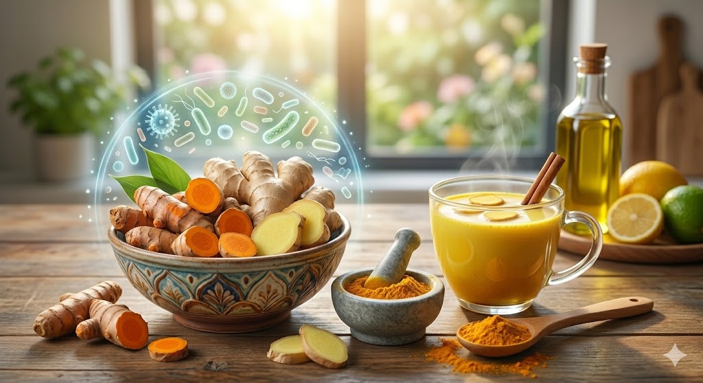 The Anti-Inflammatory Solution – Por Que a Inflamação é o Verdadeiro Inimigo em Biblioteca Cúrcuma, gengibre e chá sobre madeira com sobreposição gráfica de microbioma intestinal e nutrição