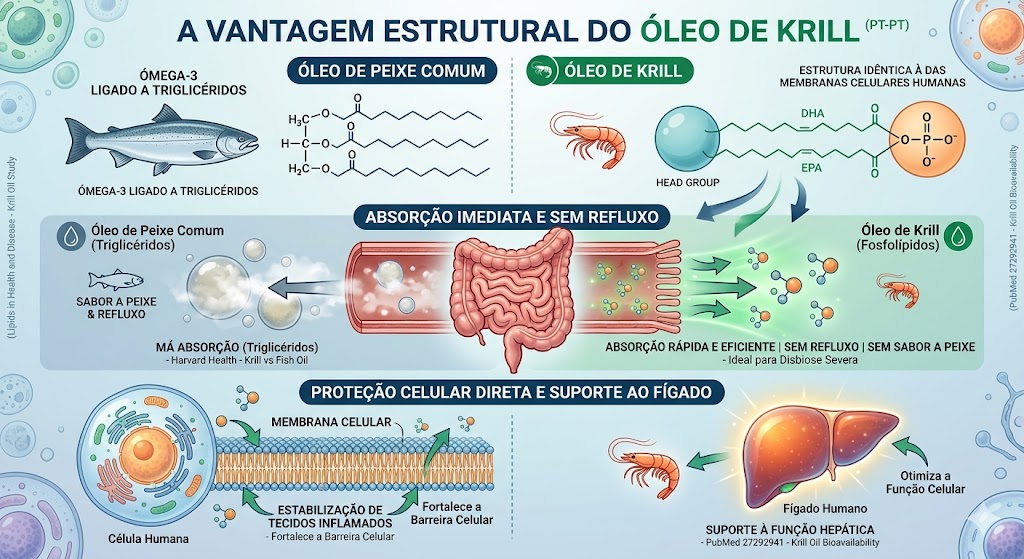 Estudo sobre Ibuprofeno e a Alternativa Marinha em Notícias Infográfico sobre as vantagens estruturais do óleo de krill, focado na absorção imediata e suporte celular/hepático.