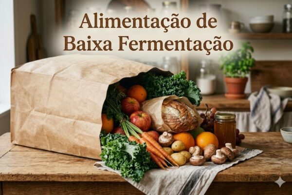 Alimentação de Baixa Fermentação para SIBO: Alimentos Permitidos e a Evitar em Tratamentos Saco de papel com alimentos frescos permitidos na Alimentação de Baixa Fermentação sobre uma mesa de madeira.