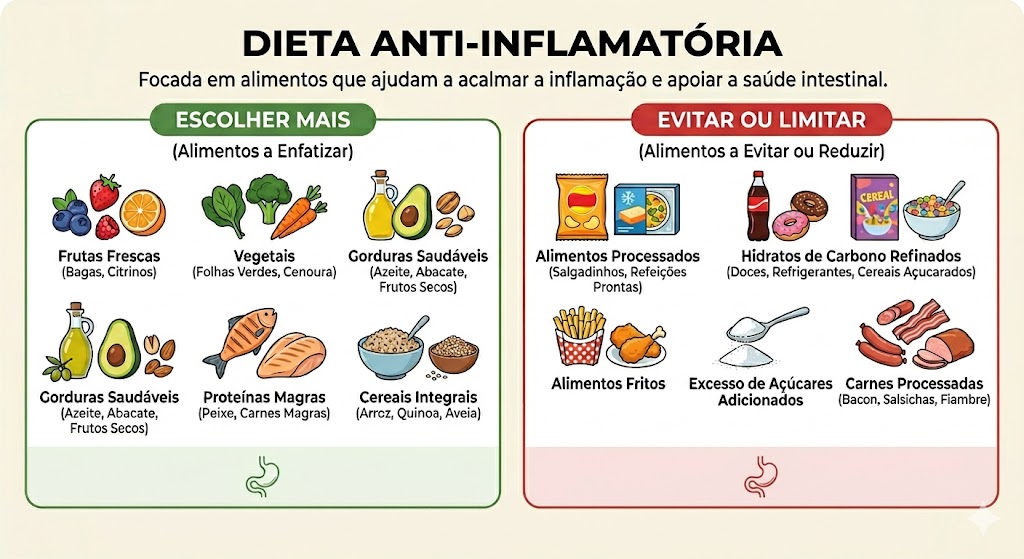 Dietas para SIBO: O Que Comer e Evitar em Tratamentos Guia da Dieta Anti-inflamatória: alimentos a escolher (frutas e vegetais) e a evitar (processados e fritos).