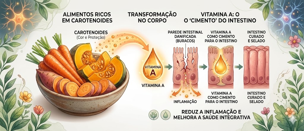 SIBO e Inflamação: Como Os Alimentos Anti-Inflamatórios Ajudam em Tratamentos Diagrama mostrando carotenoides de alimentos convertendo-se em Vitamina A para selar furos intestinais, agindo como 'cimento' natural.