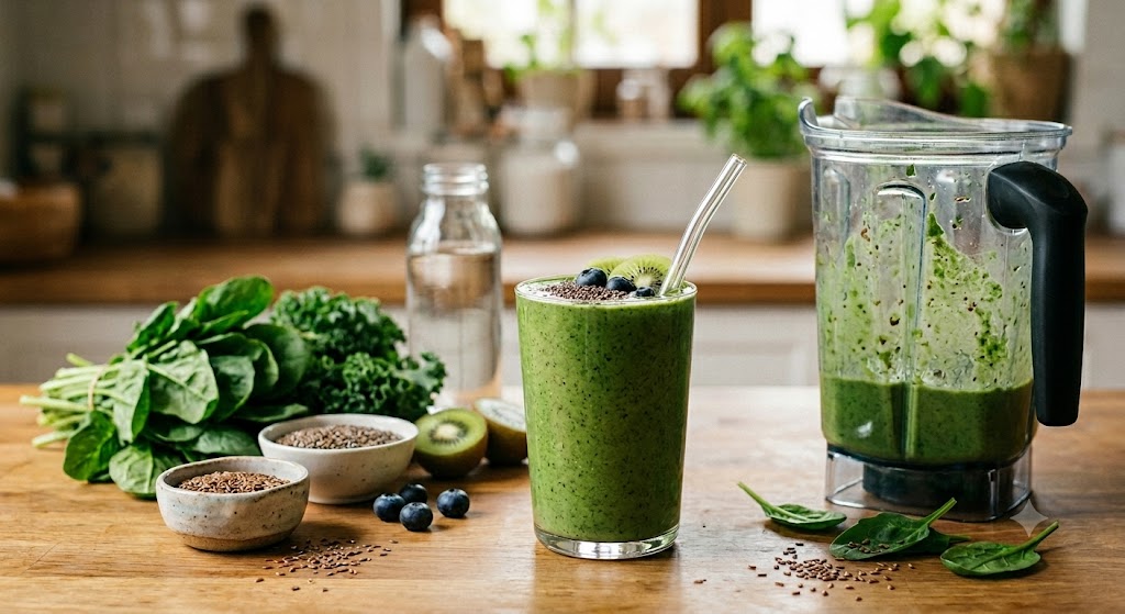 Batido Verde Anti-Inflamatório Rico em Ómega-3 em Receitas Batido verde anti-inflamatório para SIBO num copo, com liquidificadora, espinafres e sementes.