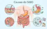 Causas do SIBO: Descubra a Verdadeira Origem do Problema em Notícias Infográfico "Causas do SIBO" em image_753e1e.jpg ilustra problemas de motilidade, baixa acidez, aderências e desequilíbrio na microbiota.