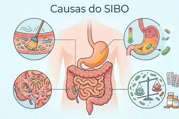 Causas do SIBO: Descubra a Verdadeira Origem do Problema em Notícias Infográfico "Causas do SIBO" em image_753e1e.jpg ilustra problemas de motilidade, baixa acidez, aderências e desequilíbrio na microbiota.