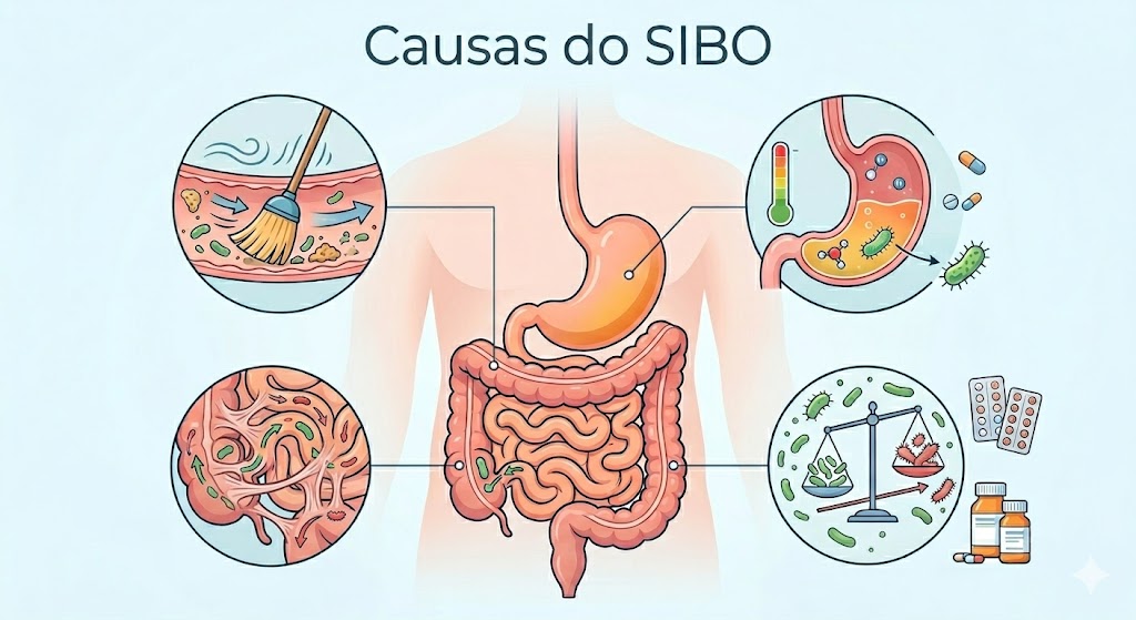 Causas do SIBO: Descubra a Verdadeira Origem do Problema em Causas Infográfico "Causas do SIBO" em image_753e1e.jpg ilustra problemas de motilidade, baixa acidez, aderências e desequilíbrio na microbiota.