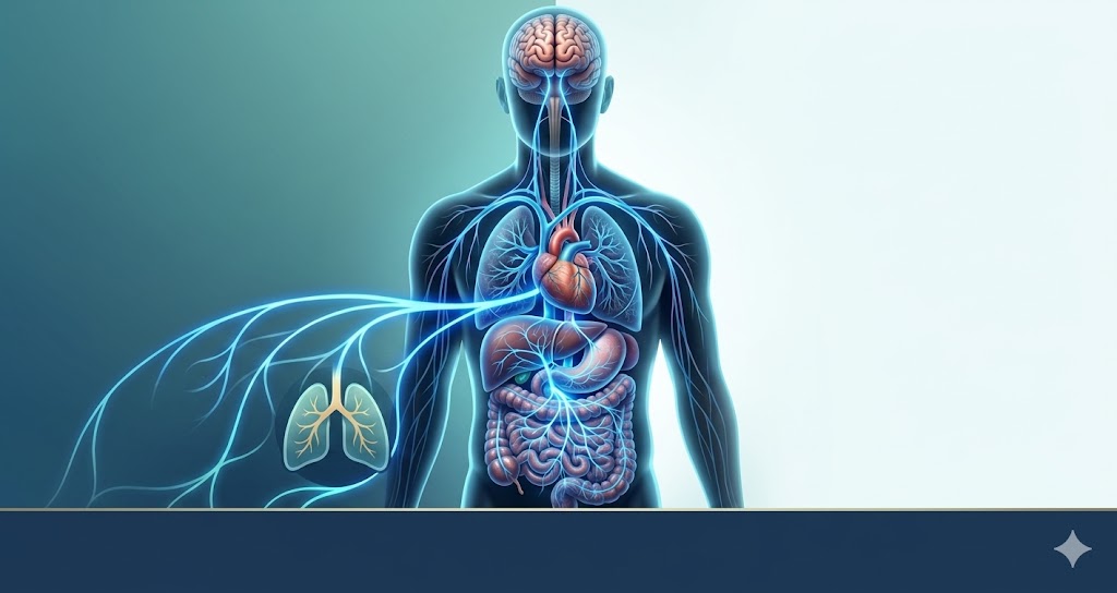 Como Ativar o Nervo Vago para Combater o SIBO e Reduzir a Inflamação em Tratamentos Ilustração anatómica destacando o nervo vago luminoso a ligar o cérebro aos pulmões, coração e sistema digestivo.