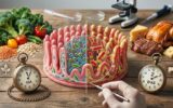 Como a Dieta Altera a Microbiota em 24 Horas em Notícias Intestino dividido mostrando como a dieta altera a microbiota com opções vegetais e animais.