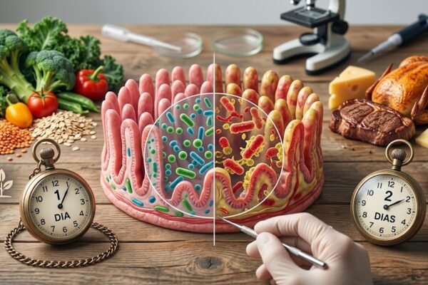 Como a Dieta Altera a Microbiota em 24 Horas em Notícias Intestino dividido mostrando como a dieta altera a microbiota com opções vegetais e animais.