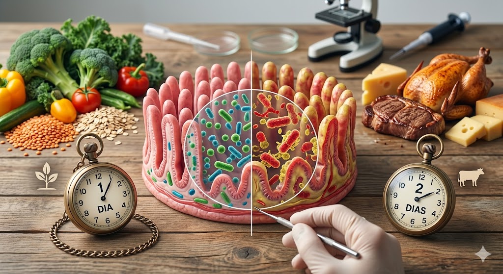 Como a Dieta Altera a Microbiota em 24 Horas em Notícias Intestino dividido mostrando como a dieta altera a microbiota com opções vegetais e animais.