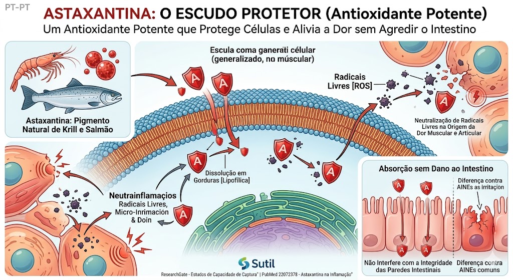 Estudo sobre Ibuprofeno e a Alternativa Marinha em Notícias Diagrama biológico mostrando a astaxantina protegendo células de radicais livres e aliviando a dor, com segurança intestinal comprovada.
