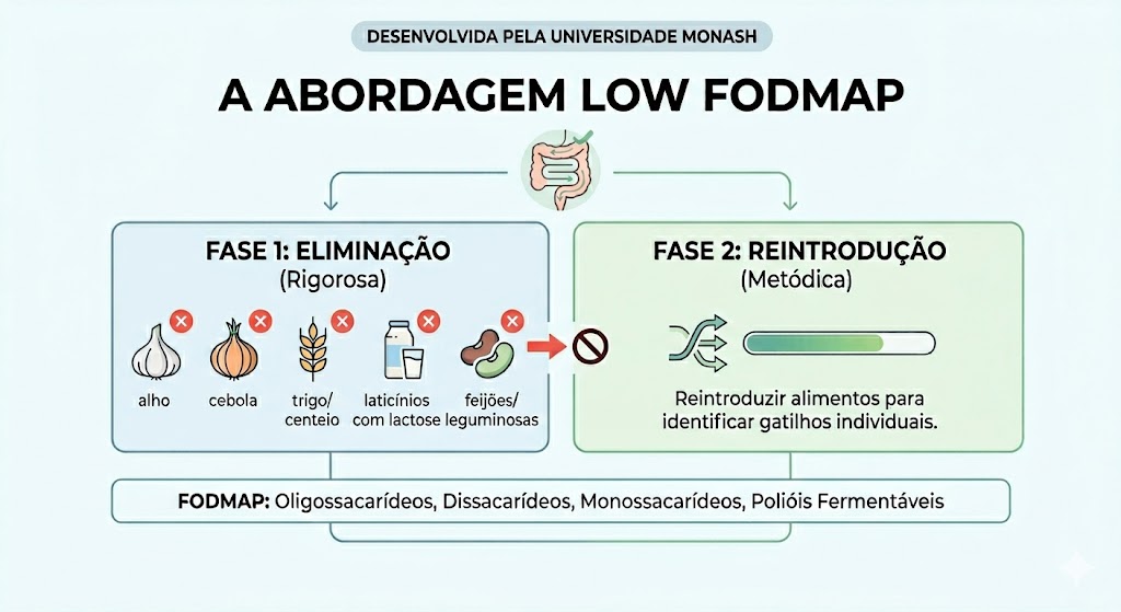 Dietas para SIBO: O Que Comer e Evitar em Tratamentos Abordagem Low FODMAP para SII/SIBO com fases de eliminação e reintrodução de alimentos.