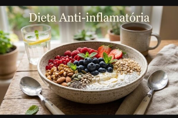 Dieta Anti-inflamatória: O Que É, Benefícios e O Que Comer em Notícias **Texto Alternativo (Alt Text):** Malga saudável com mirtilos, aveia e sementes, alimentos ideais para a dieta anti-inflamatória.