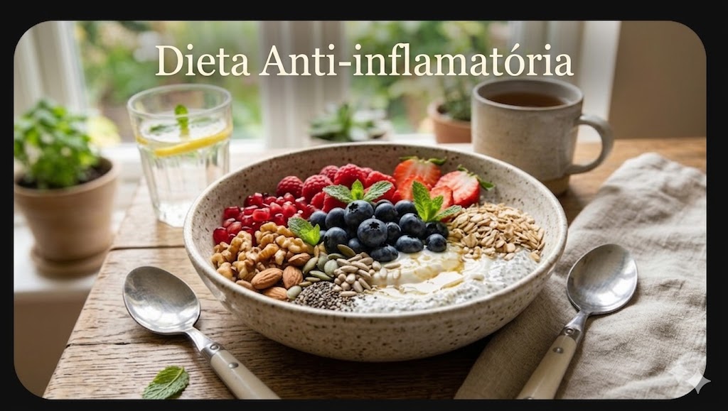 Dieta Anti-inflamatória: O Que É, Benefícios e O Que Comer em Tratamentos **Texto Alternativo (Alt Text):** Malga saudável com mirtilos, aveia e sementes, alimentos ideais para a dieta anti-inflamatória.
