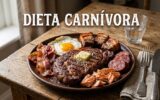 Dieta Carnívora: Alívio Temporário ou Solução? em Tratamentos Prato com bife, ovo, bacon, salmão e linguiça. Texto superior: "DIETA CARNÍVORA".