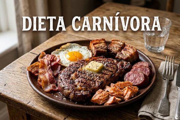 Dieta Carnívora: Alívio Temporário ou Solução? em Tratamentos Prato com bife, ovo, bacon, salmão e linguiça. Texto superior: "DIETA CARNÍVORA".