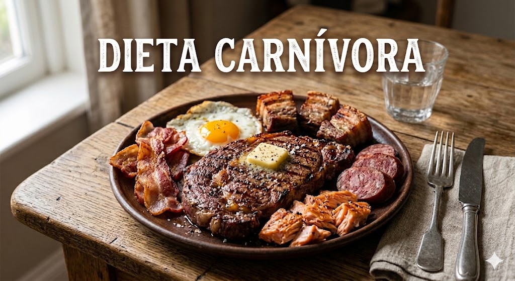 Dieta Carnívora: Alívio Temporário ou Solução? em Tratamentos Prato com bife, ovo, bacon, salmão e linguiça. Texto superior: "DIETA CARNÍVORA".
