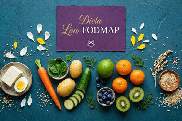 Flat lay de alimentos variados para dieta Low FODMAP e menu roxo num fundo azul texturizado.