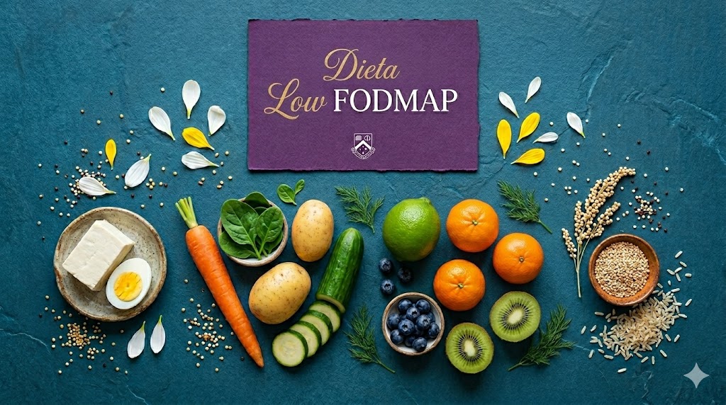 Dieta Low FODMAP: Alimentos Permitidos e Proibidos em Tratamentos Flat lay de alimentos variados para dieta Low FODMAP e menu roxo num fundo azul texturizado.