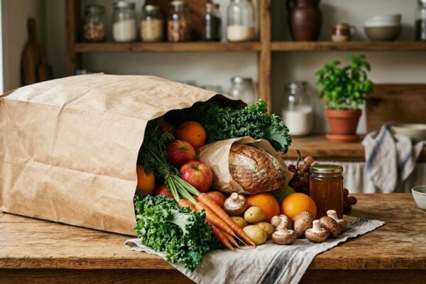 Alimentação de Baixa Fermentação para SIBO: Alimentos Permitidos e a Evitar em Receitas Saco de papel com alimentos frescos permitidos na Alimentação de Baixa Fermentação sobre uma mesa de madeira.