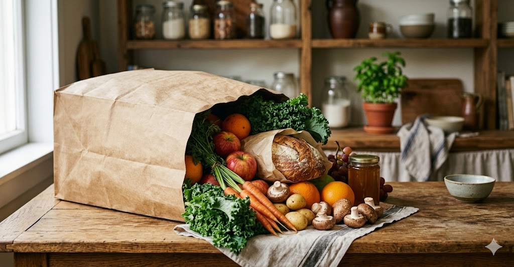 Alimentação de Baixa Fermentação para SIBO: Alimentos Permitidos e a Evitar em Tratamentos Saco de papel com alimentos frescos permitidos na Alimentação de Baixa Fermentação sobre uma mesa de madeira.